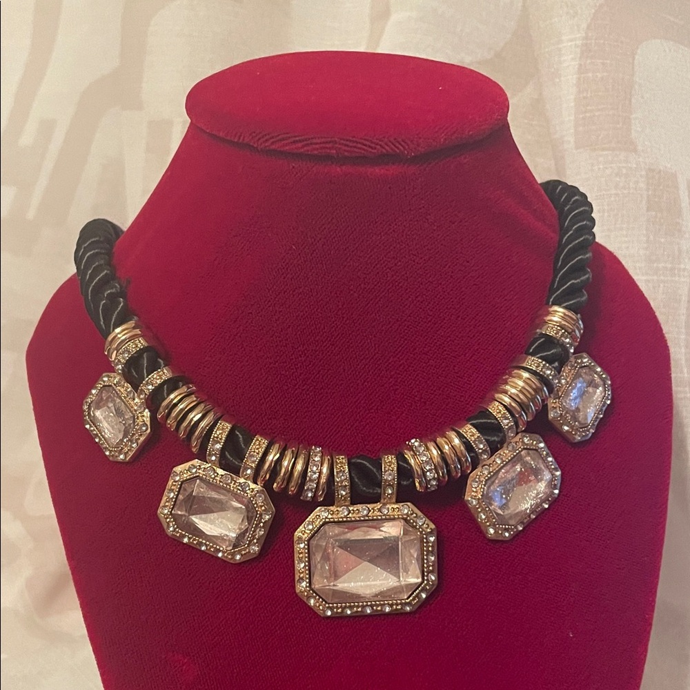 Luxury Gold-Tone Black Rope Necklace with Clear Crystal Pendants